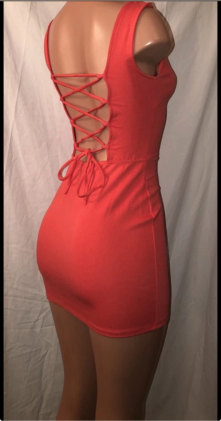Fashion Nova Coral Peach Open Back Bodycon Dress XS 0 2