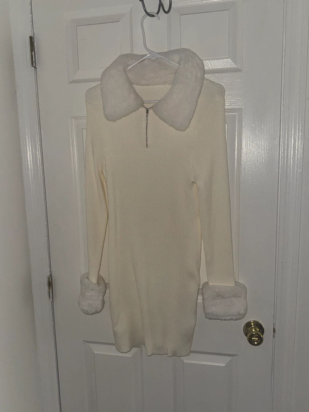 Cream Ribbed Knit Sweater Dress with Fur Trim