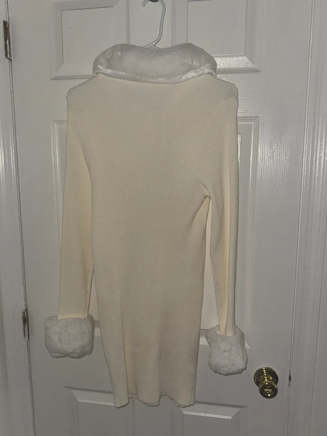 Cream Ribbed Knit Sweater Dress with Fur Trim - photo 2