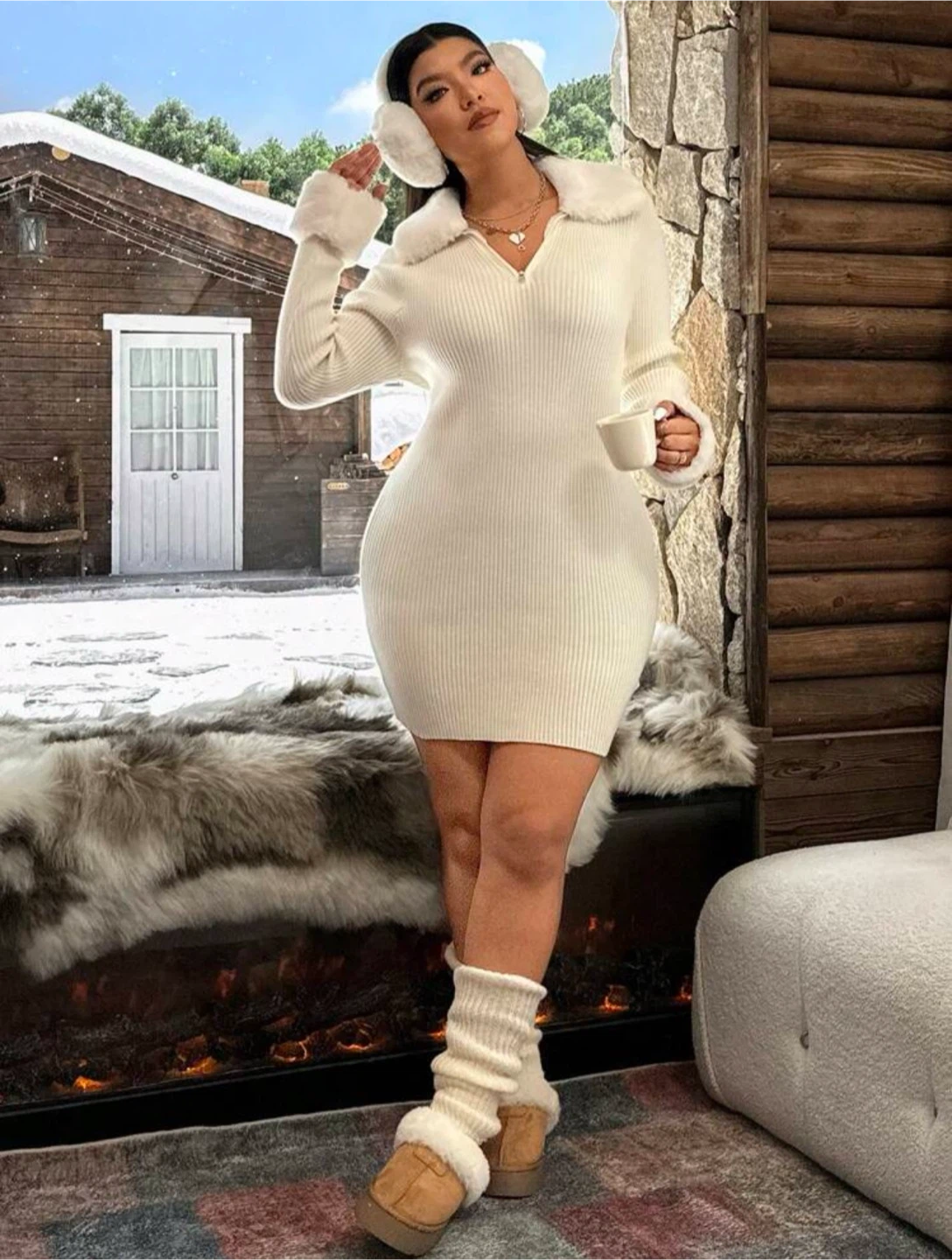 Cream Ribbed Knit Sweater Dress with Fur Trim - photo 3
