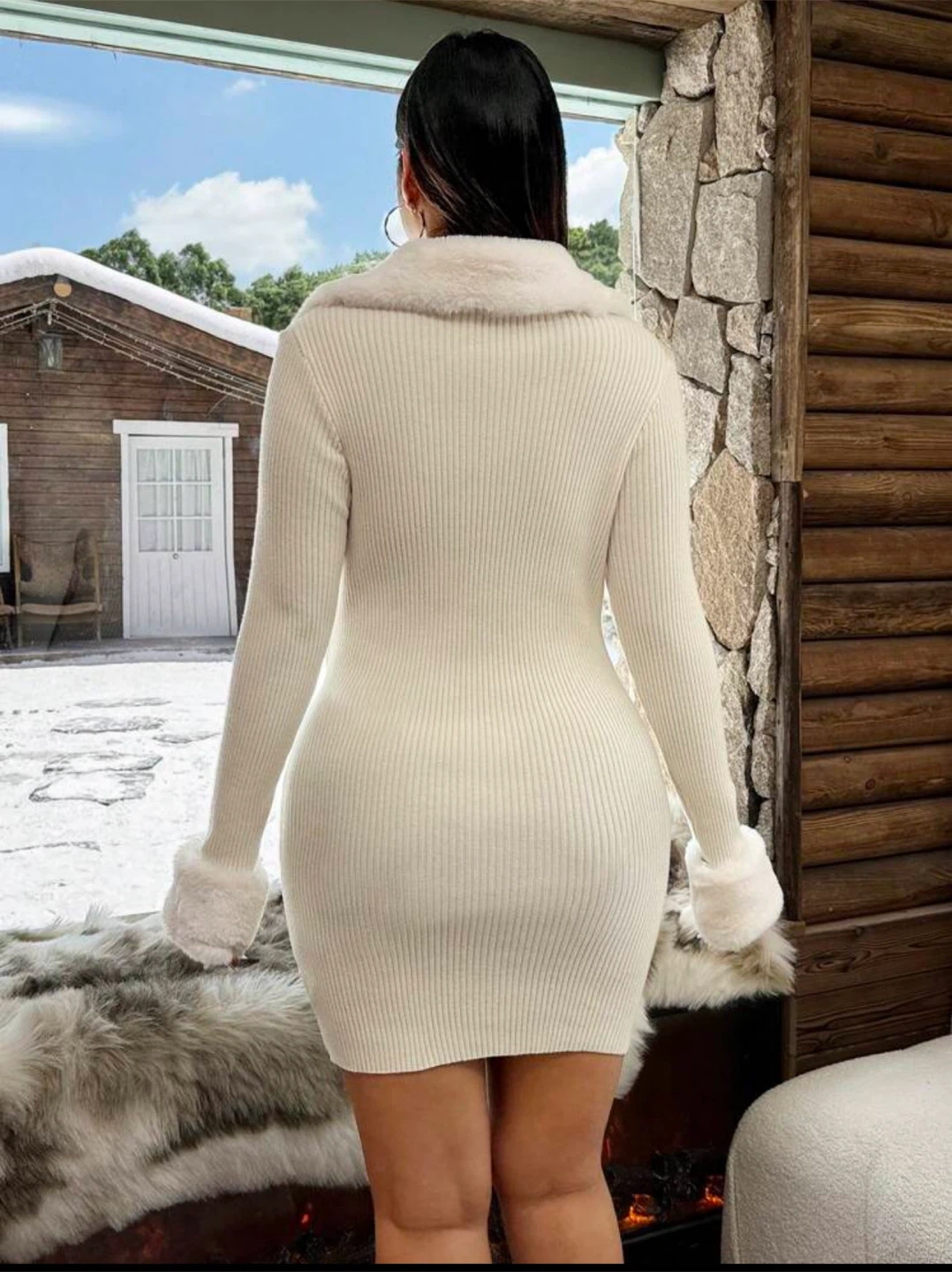 Cream Ribbed Knit Sweater Dress with Fur Trim - photo 4