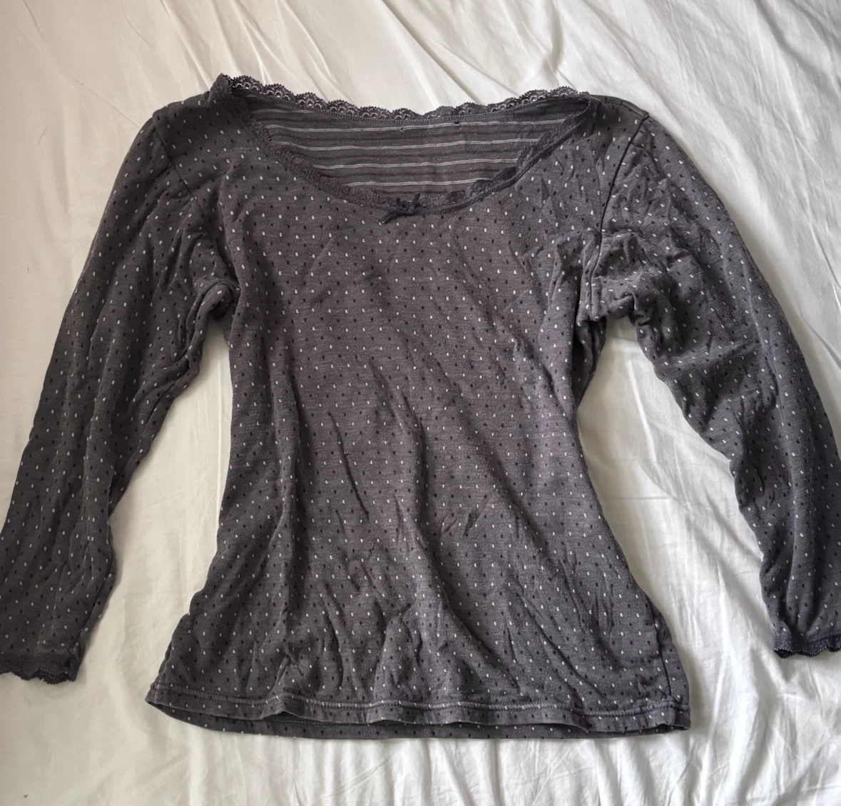 y2k coquette grey polka dot long sleeve top