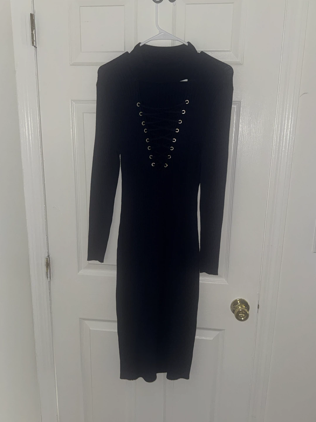 Black Ribbed Lace-Up Dress