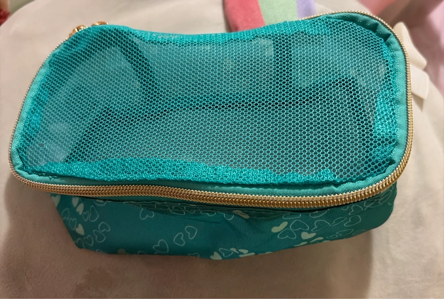 Teal Heart Pattern Cosmetic Bag with Mesh Top