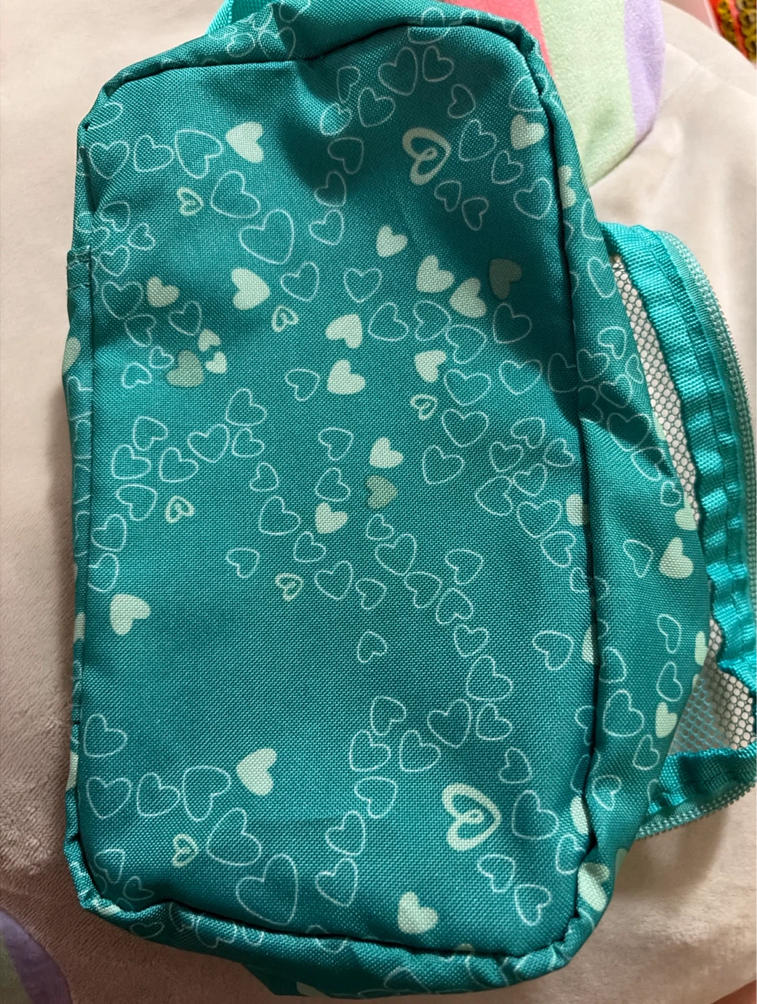 Teal Heart Pattern Cosmetic Bag with Mesh Top - photo 3