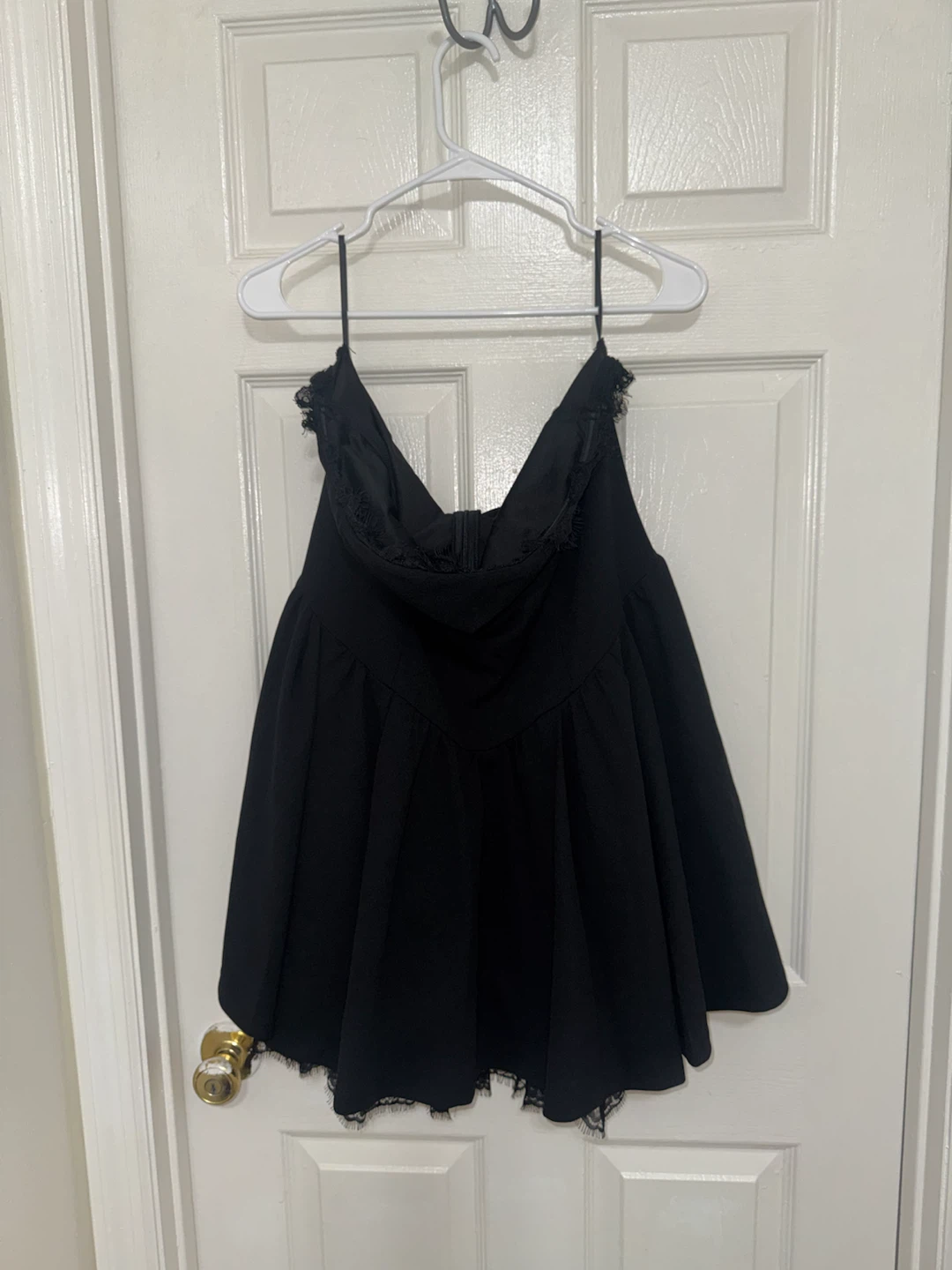 Black Strapless Flounce Dress with Lace Trim