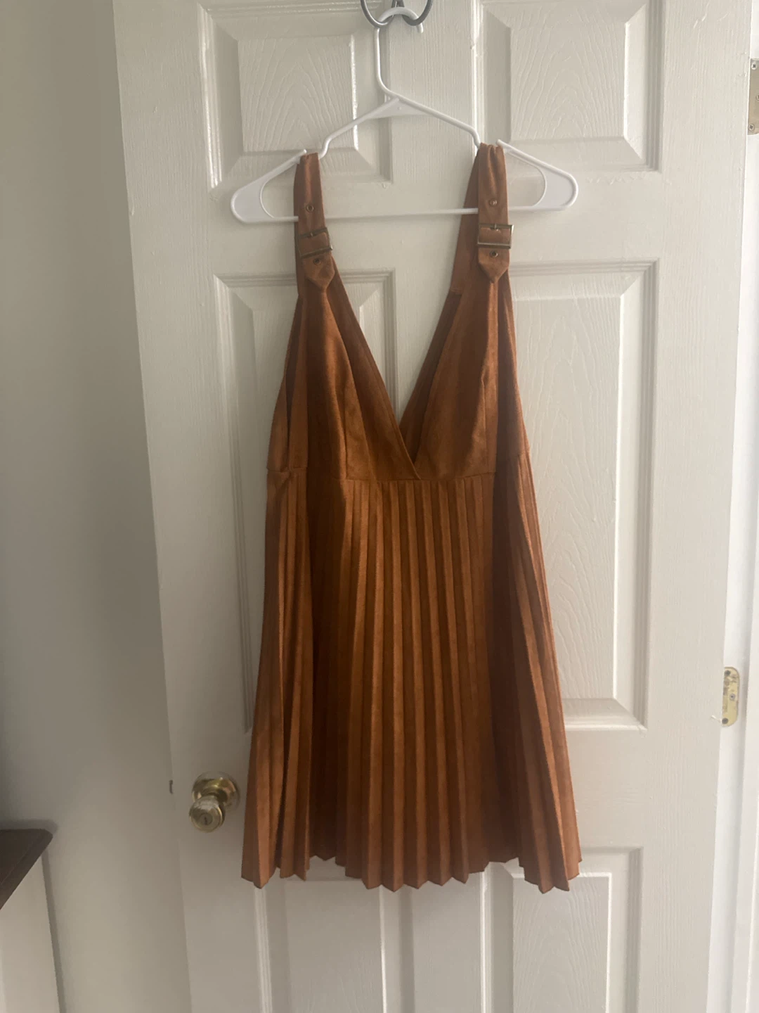 Tan Suede V-Neck Pleated Mini Dress