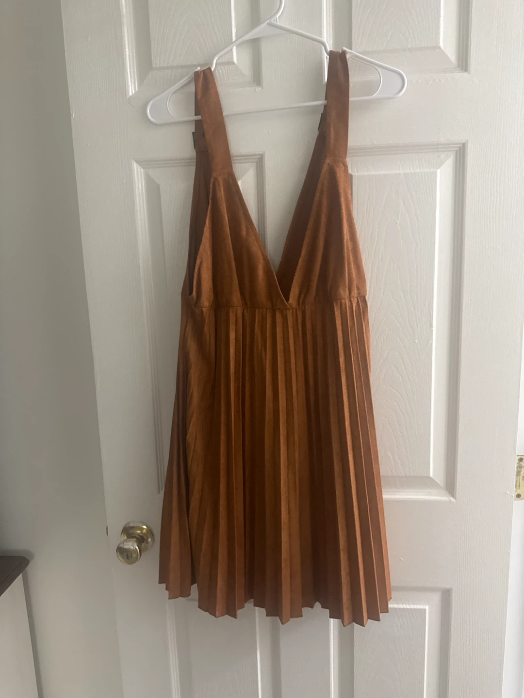 Tan Suede V-Neck Pleated Mini Dress - photo 2