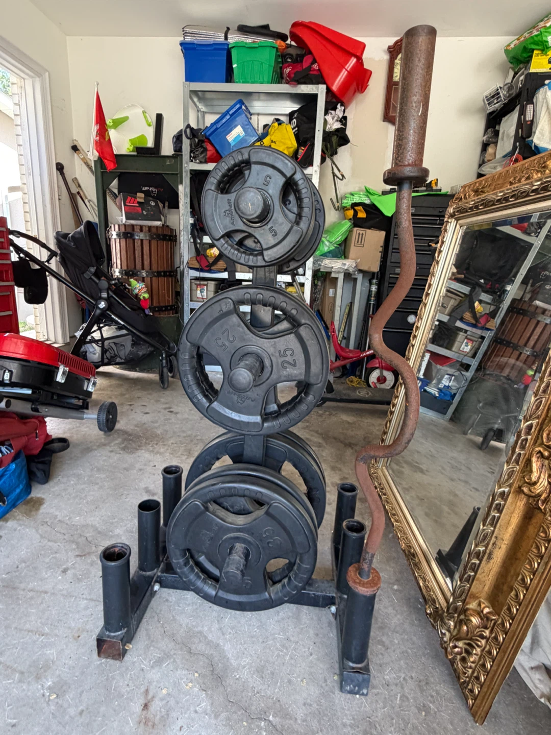 250 lbs AmStaff Olympic Weight Set with Storage Tree & EZ Bar