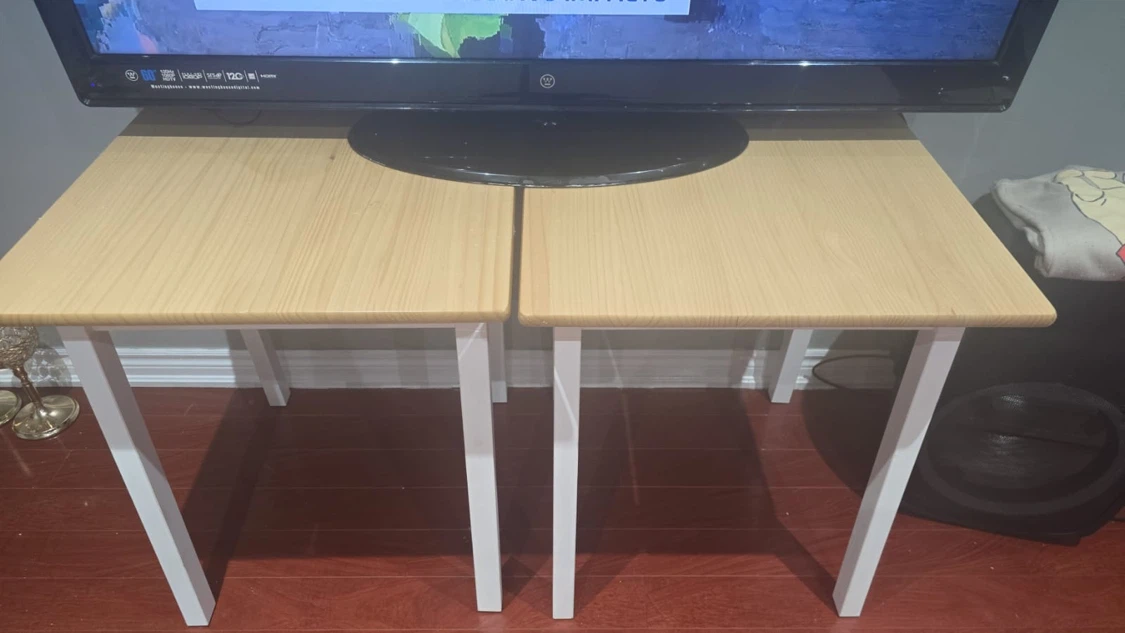 Two Oak-Look Side Tables with White Legs