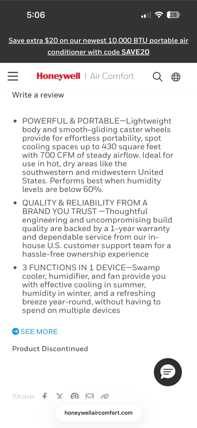 Honeywell CL202PEU Indoor Portable Evaporative Air Cooler - photo 4
