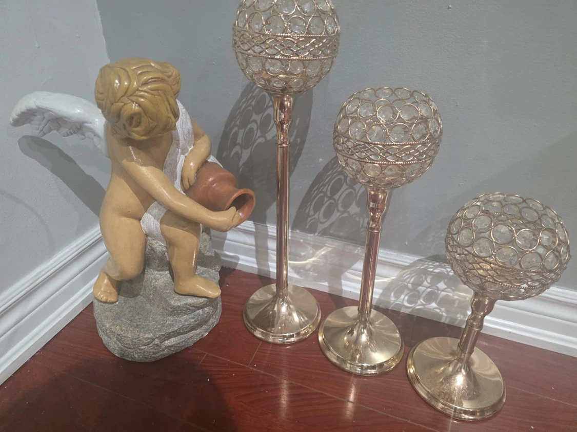 Cherub Statue and Crystal Candle Holders