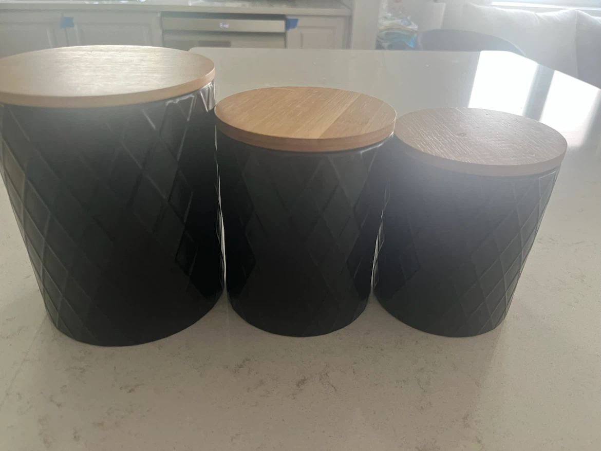 Set of 3 Black Canisters with Wood Lids