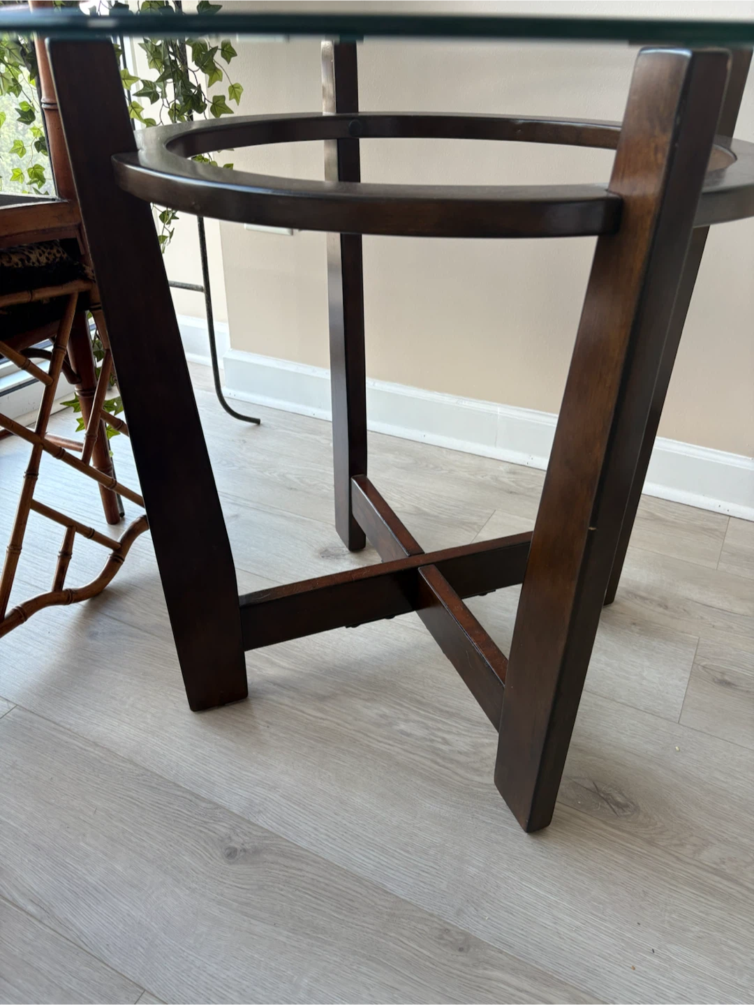 45” Glass round dining table with oak base with a dark stain - photo 2