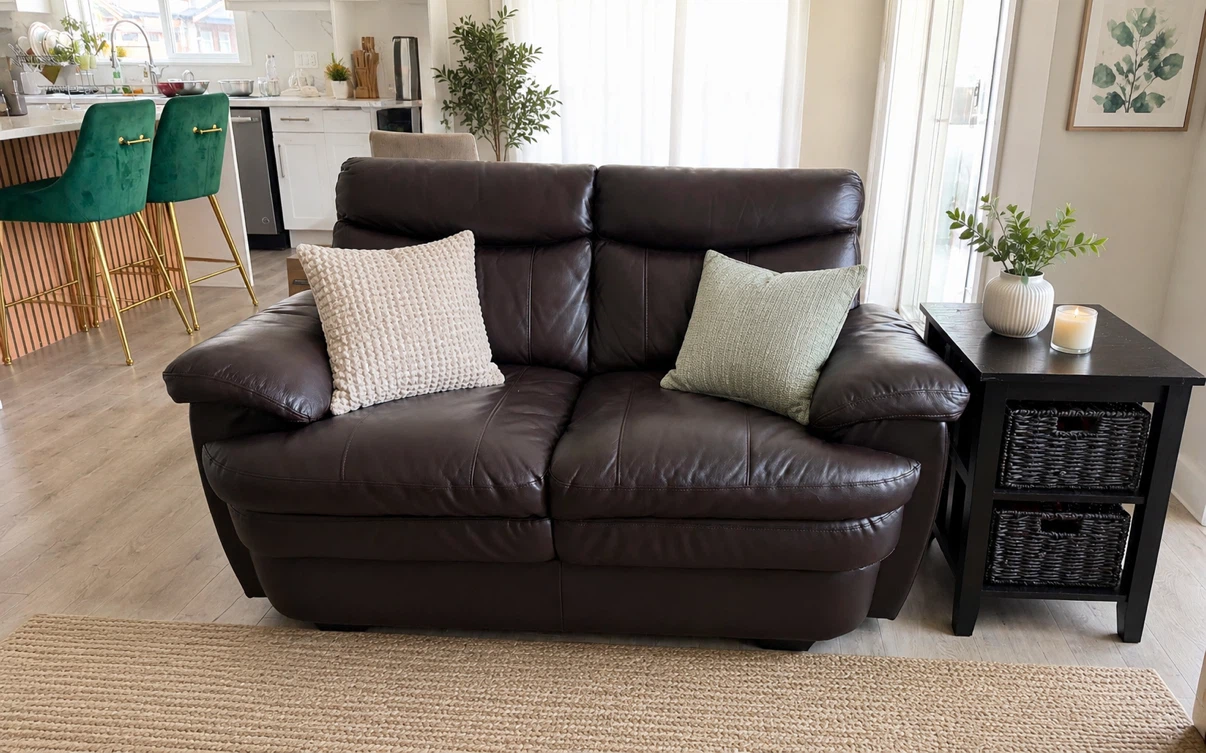 Dark Brown Leather Loveseat plus free side table