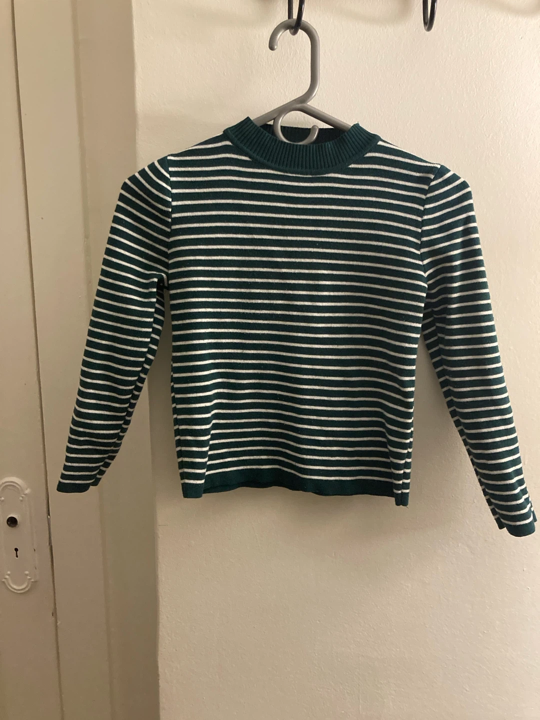 Green and White Striped Mock Neck Sweater