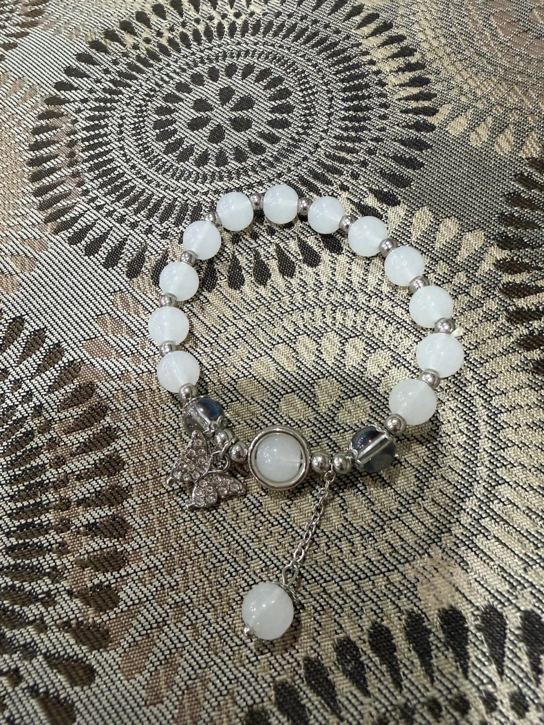 White Beaded Bracelet with Butterfly Charm