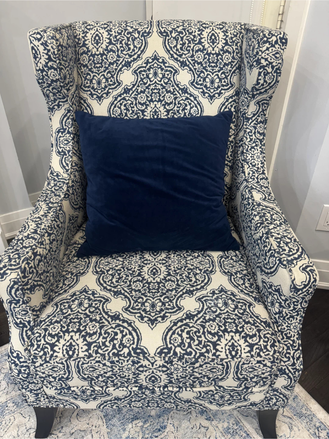 Wingback Armchair - Blue & White Damask Pattern