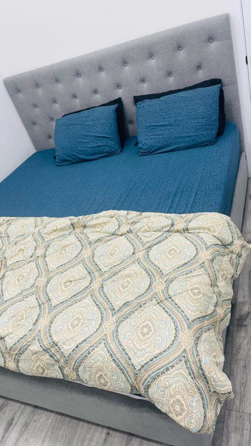 Grey Tufted Headboard with Bed Frame