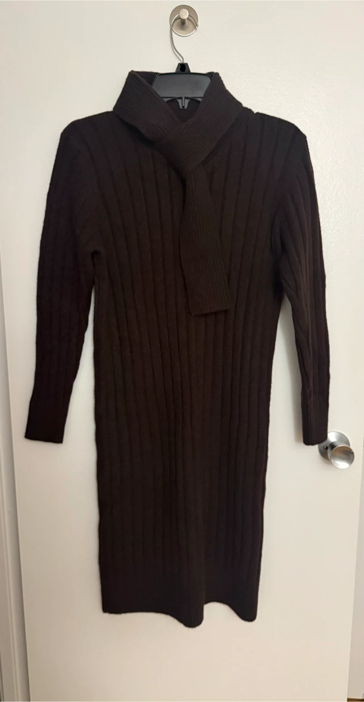 Brown Knit Dress with Scarf Neck