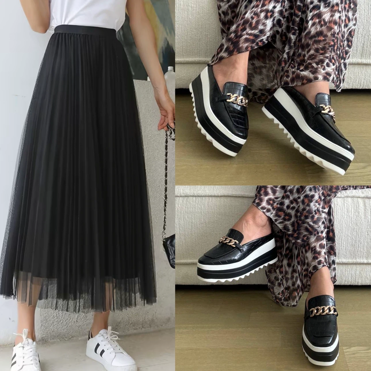Black Pleated  Skirt+ platform loafers