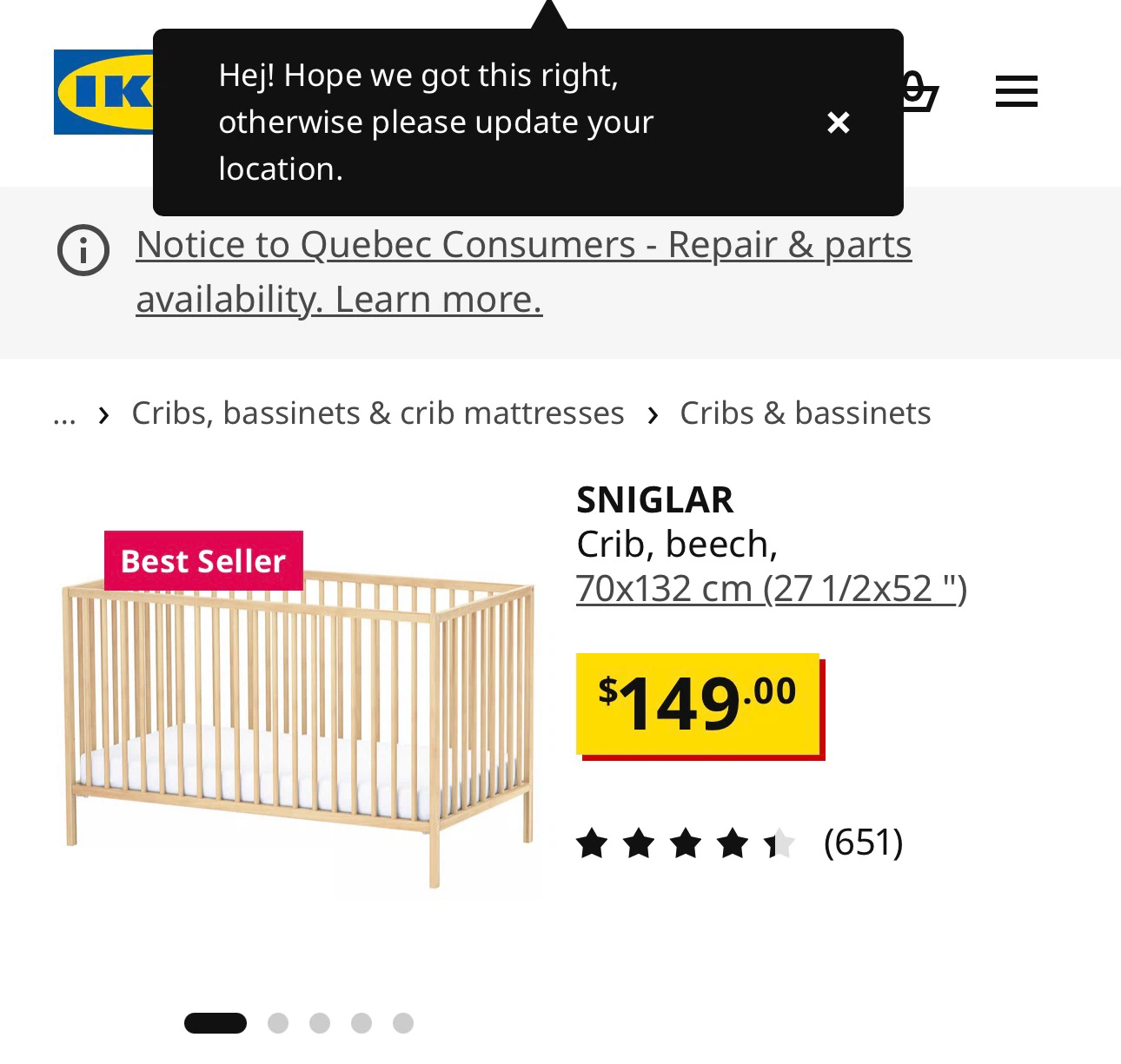 Unused IKEA SNIGLAR Crib, Beech, 70x132 cm