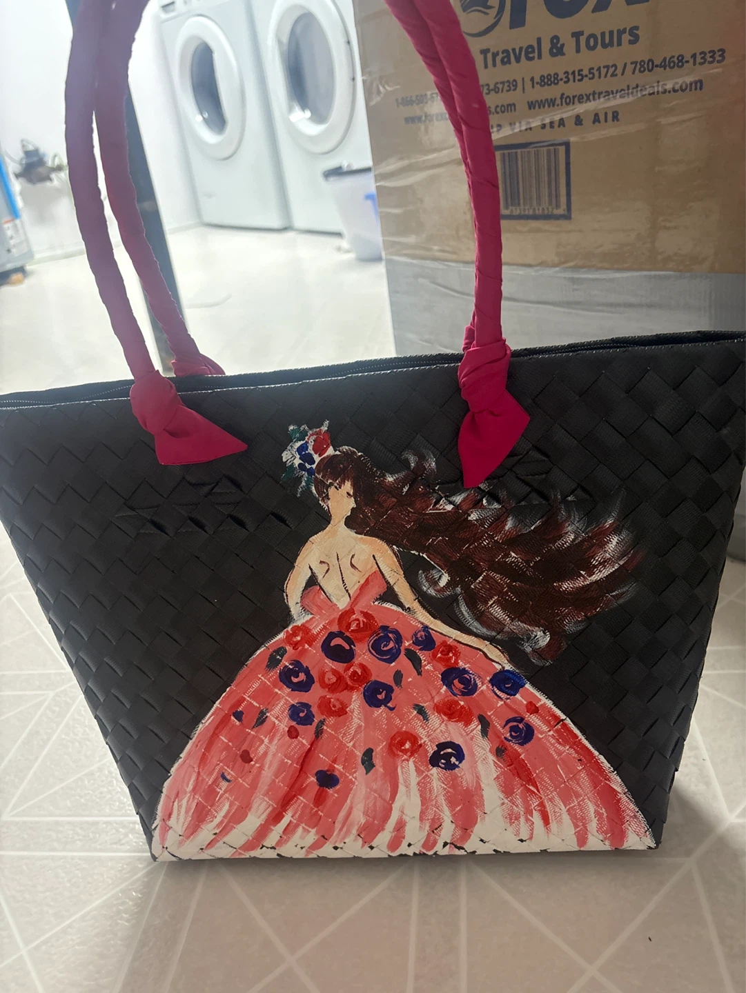 Woven Tote Bag with Hand-Painted Design