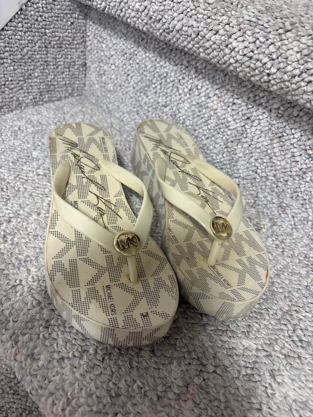 Michael Kors White Monogram Wedge Flip Flops