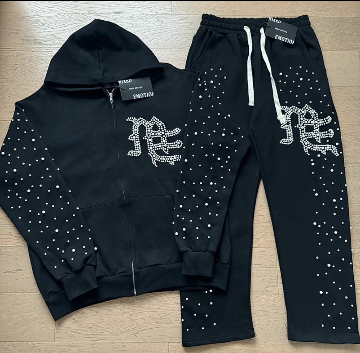 Black Rhinestone Hoodie and Sweatpants Set - photo 3