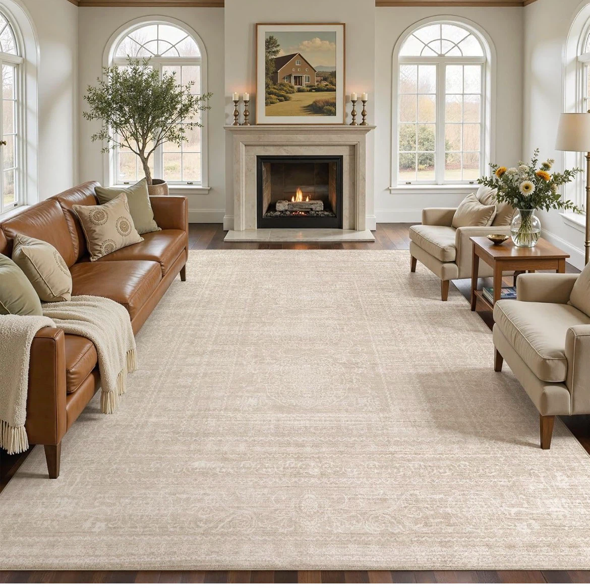 Beige White Area Rug - 10' x 14'