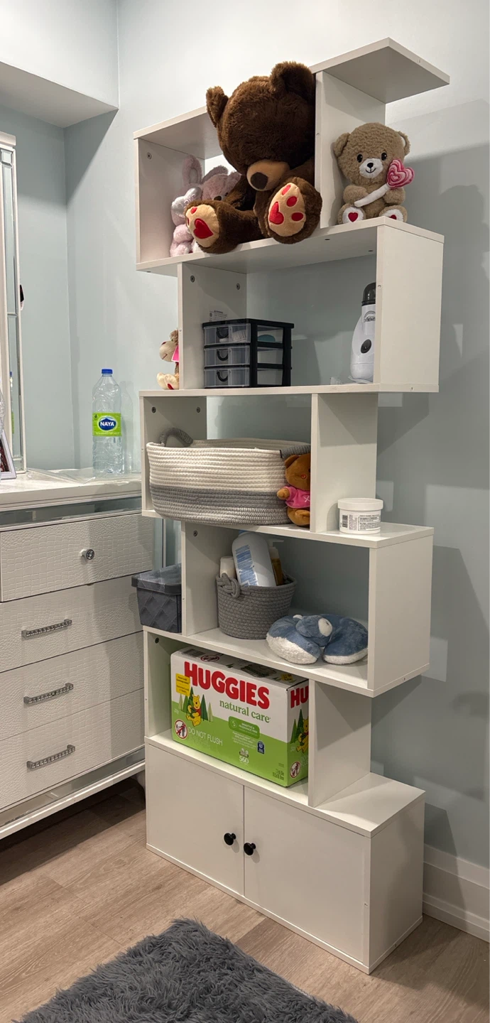 Modern White 6-Tier Geometric Bookshelf with Cabinet (Like New)