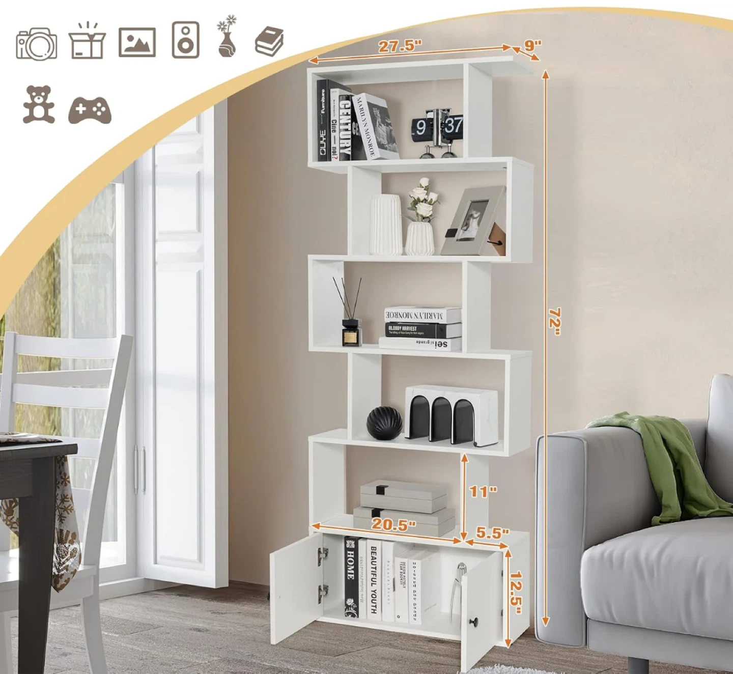 Modern White 6-Tier Geometric Bookshelf with Cabinet (Like New) - photo 2