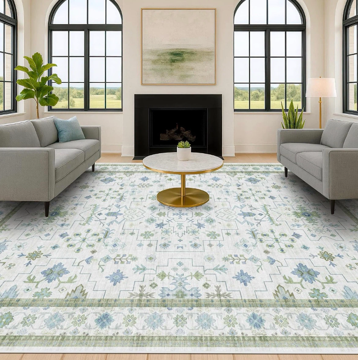 Cream Green Oriental Area Rug 9' x 12'