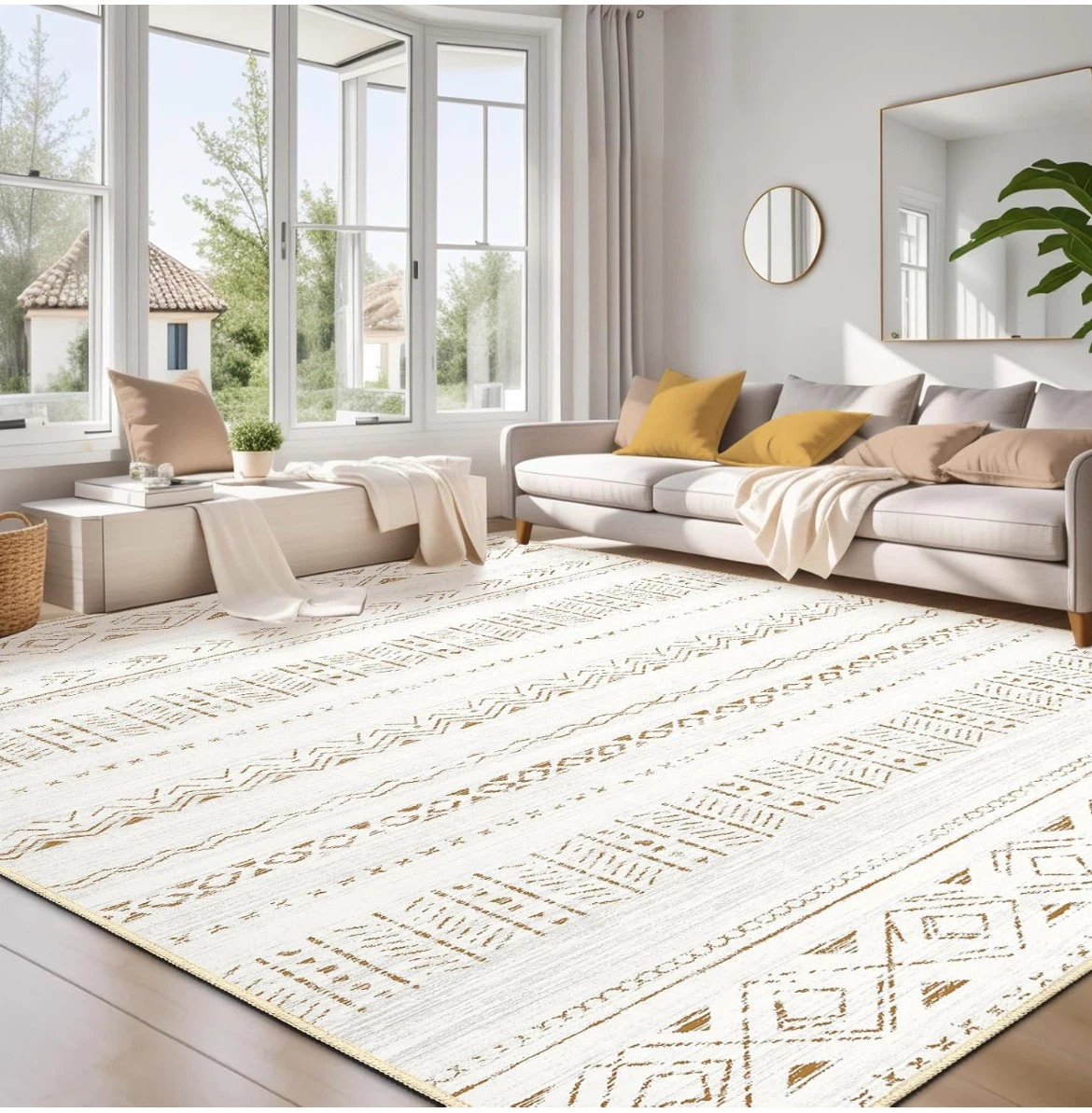 Elegant Area Rugs - Cream and Brown Geometric Pattern
