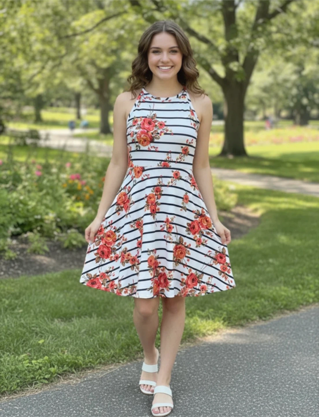 White Floral Striped Halter Dress