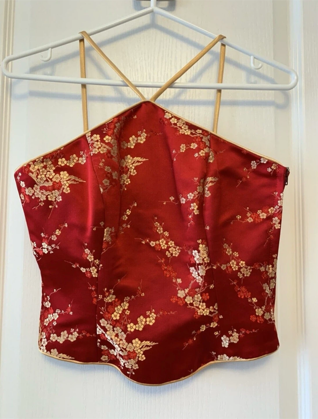 Red Brocade Kimono Top with Floral Design