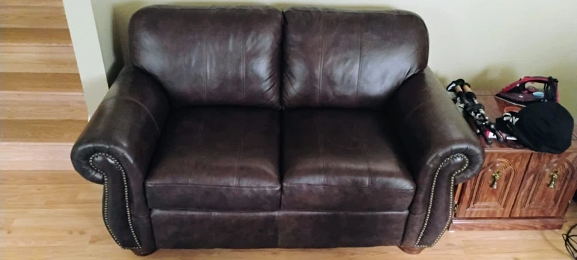 Dark Brown Leather Loveseat with Ottoman