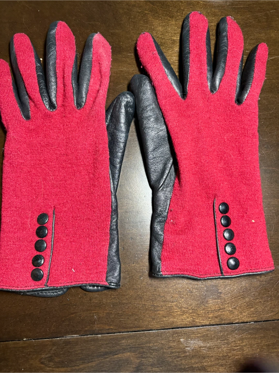 Red and Black Knit Gloves with Button Detail