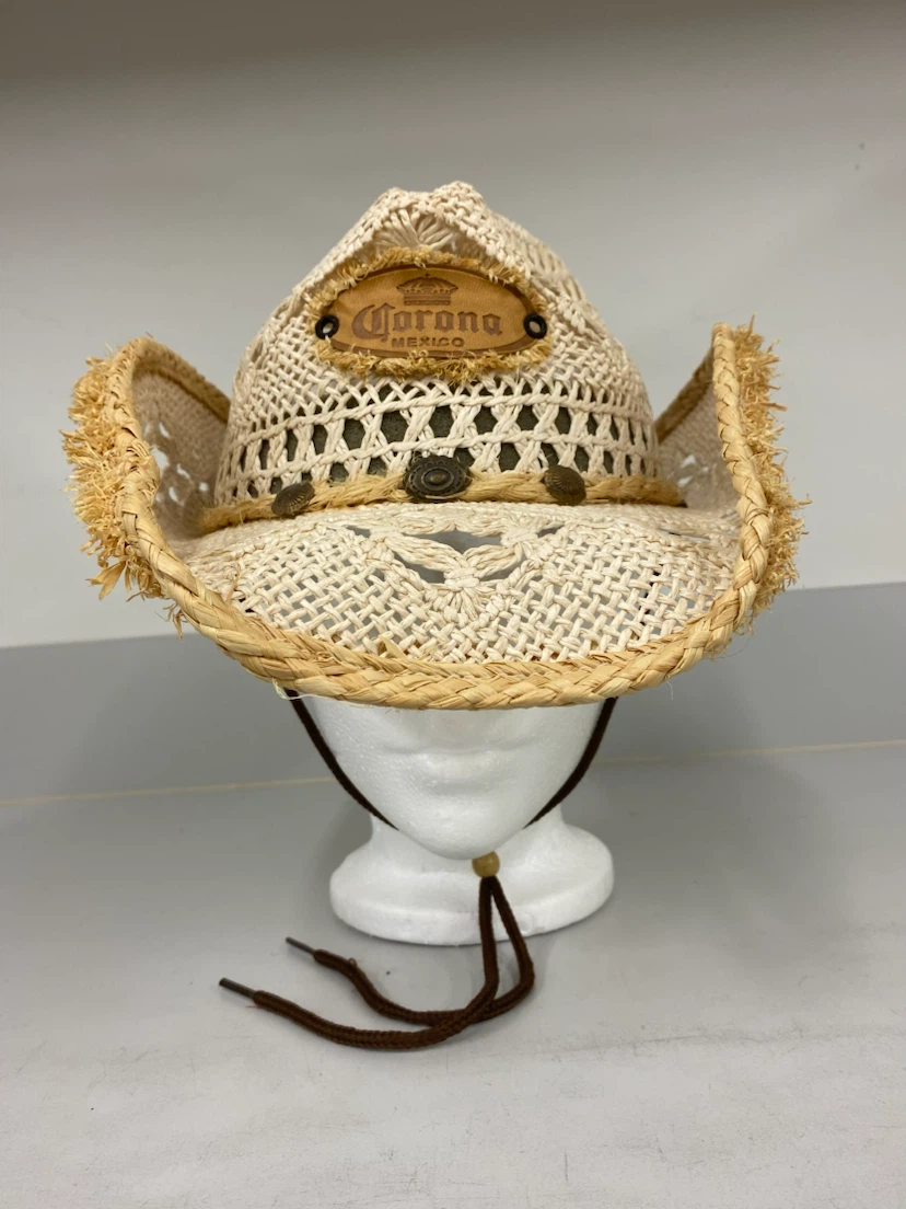 TONPSOM crocheted straw cowboy hat with Corona logo