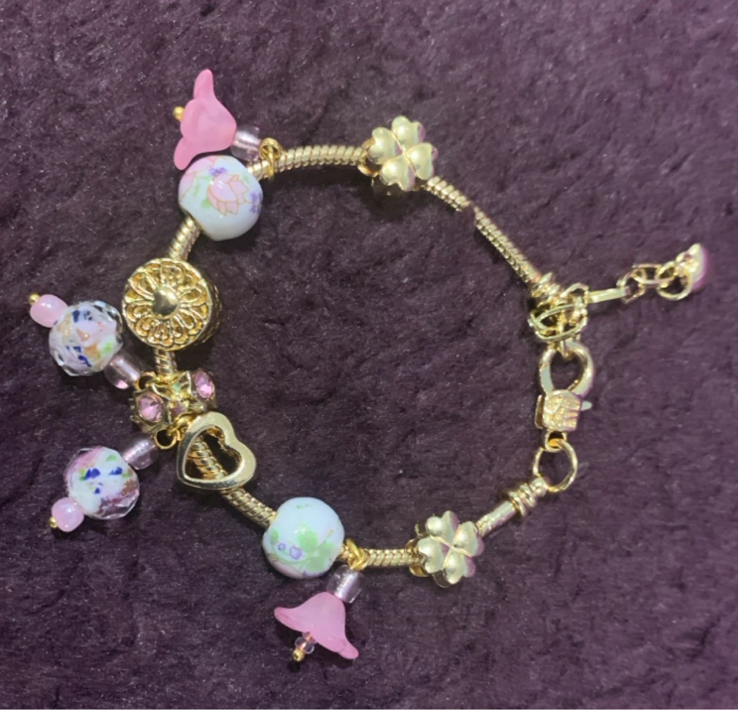 Gold-tone Charm Bracelet with Pink Flowers and Hearts