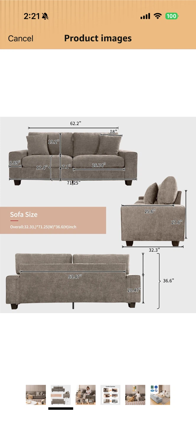 DOLEDIO Brown Chenille Sofa - 71.25 inch - photo 2