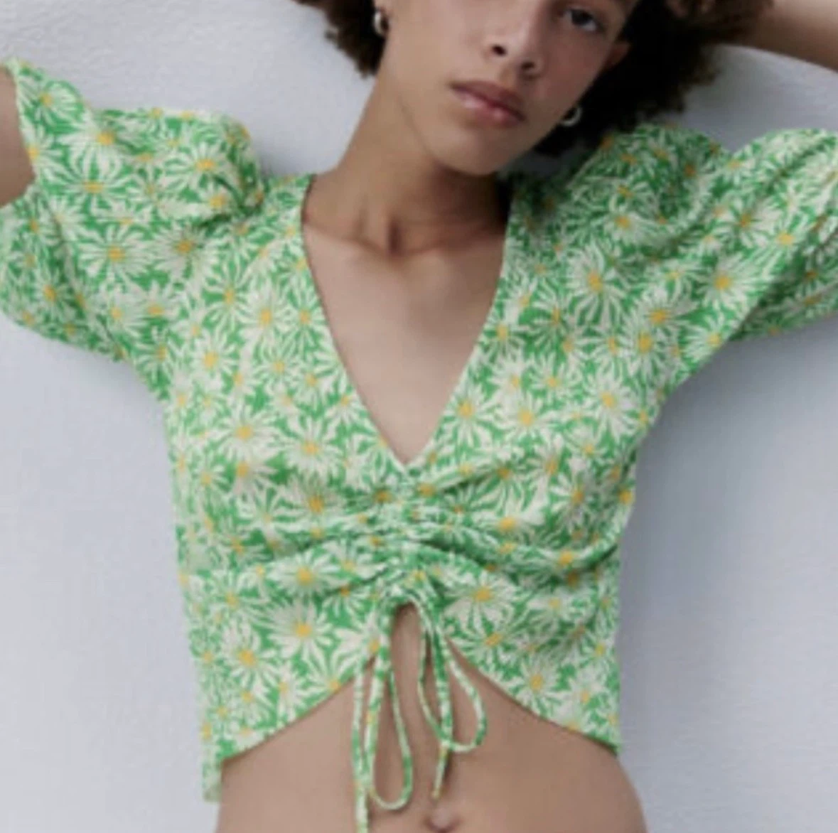 Zara Green Daisy Print Ruched Puff Sleeve Top Size S