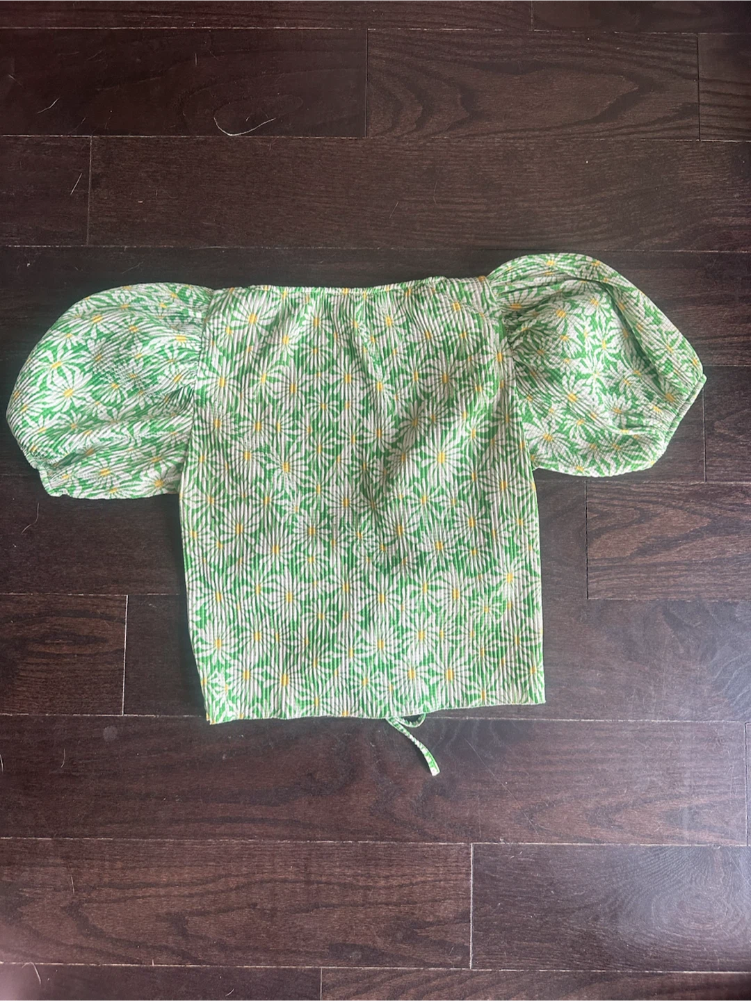 Zara Green Daisy Print Ruched Puff Sleeve Top Size S - photo 5