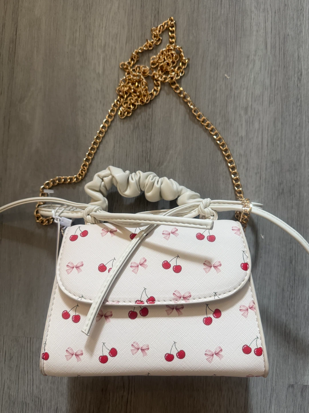 White Cherry Print Small Handbag with Gold Chain Strap