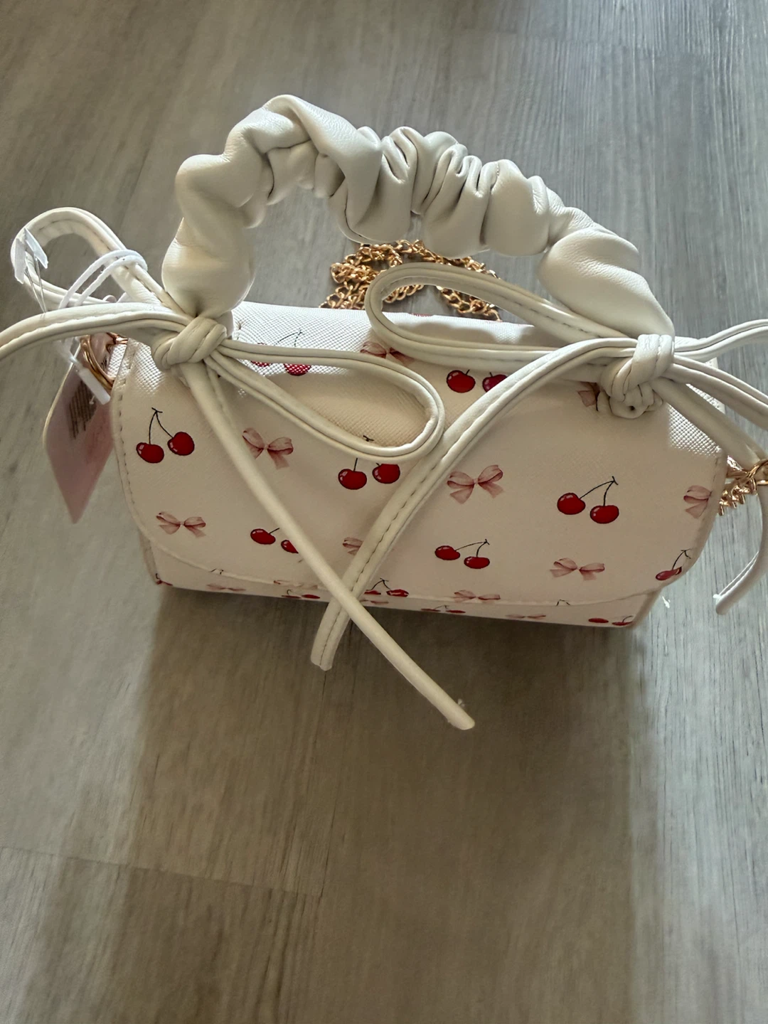 White Cherry Print Small Handbag with Gold Chain Strap - photo 2