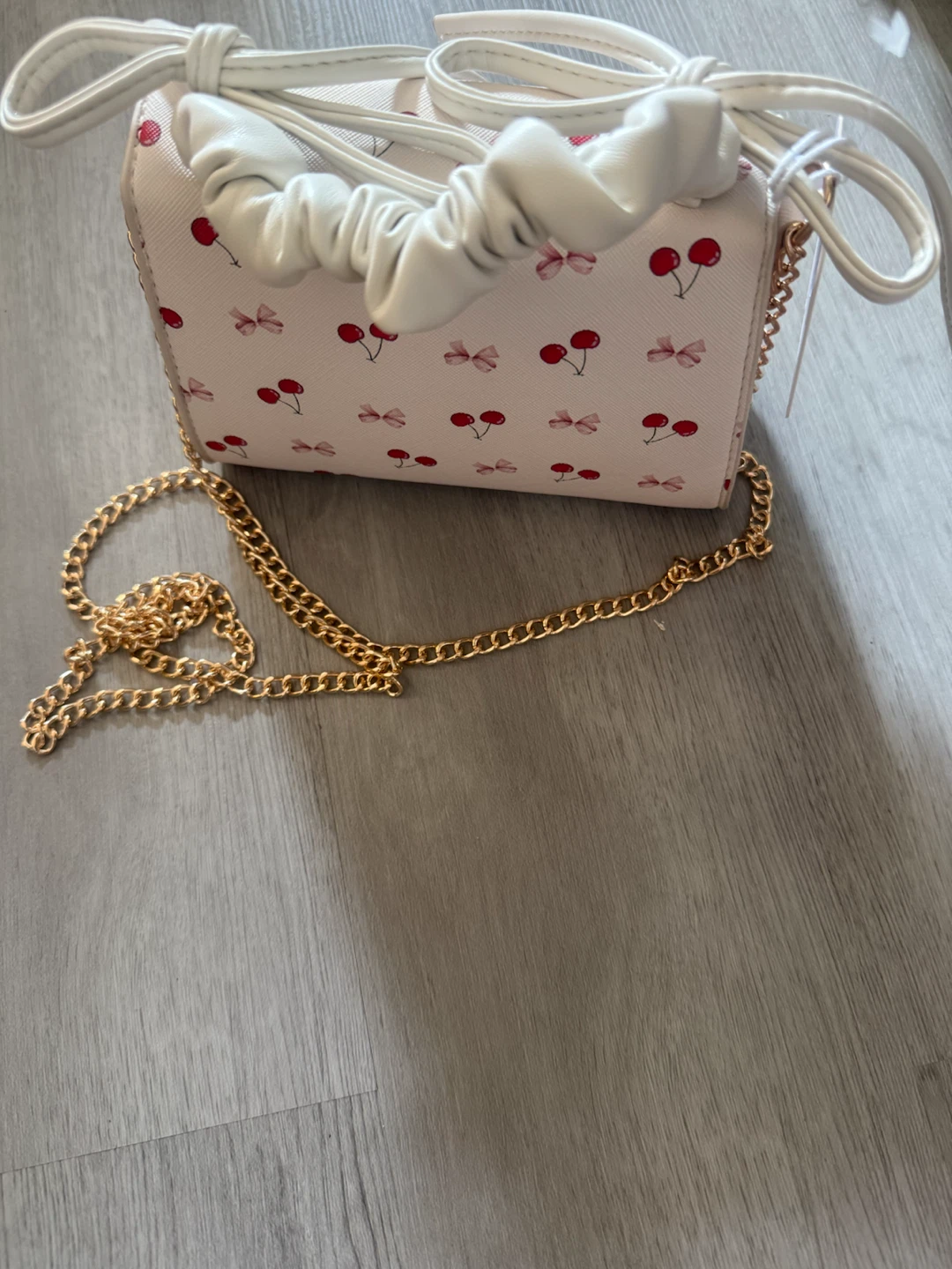 White Cherry Print Small Handbag with Gold Chain Strap - photo 3