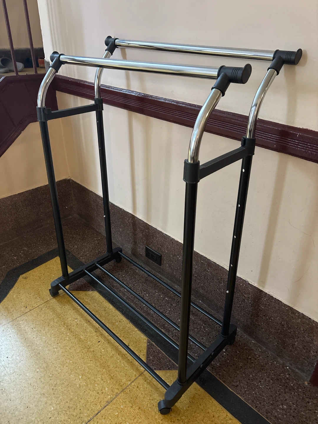 Double Rail Rolling Clothes Rack with Shelf