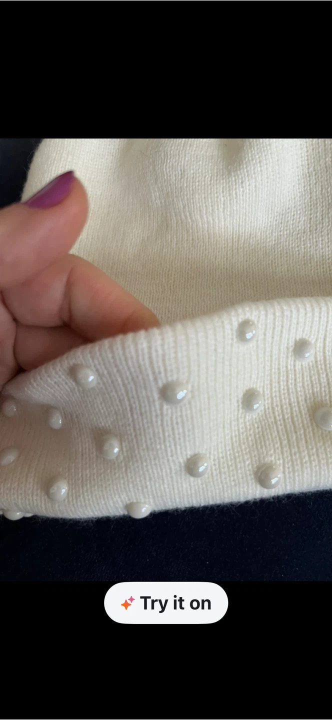 Cream Knit Beanie with Pearl Embellishments - photo 2
