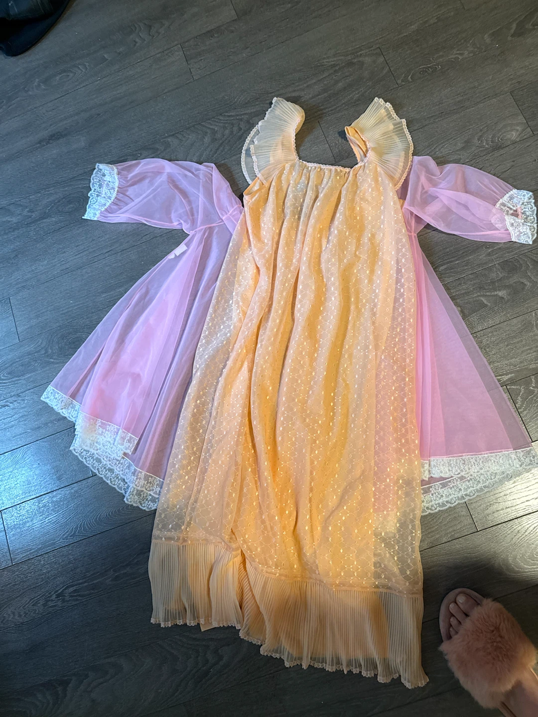Pink Sheer gown with Lace Trim, two