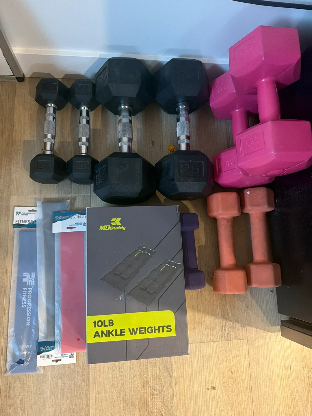 Hex Dumbbells (5, 10, 25 lbs) & MD Buddy Ankle Weights